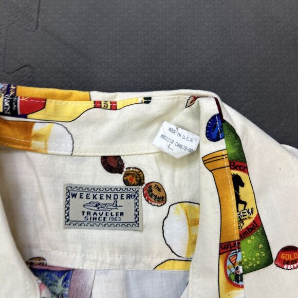 Weekender Traveler Shirt Mens Large Beer Bottles Caribbean Happy Hour Ivory FS - Picture 6 of 9